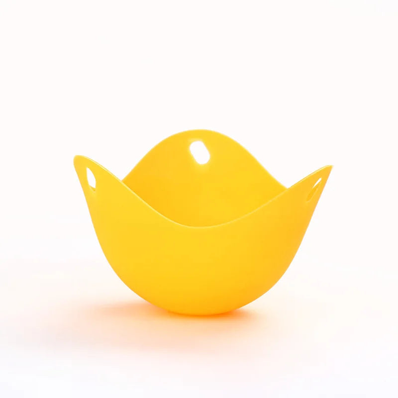 A bright yellow silicone egg poacher mold is shown against a white background.