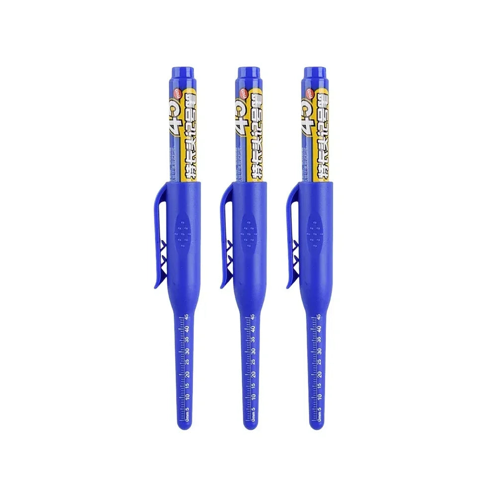 A set of blue precision deep hole marker pens with yellow and black markings.
