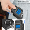 A hand holds a small black portable digital hanging scale with a measuring tape, demonstrating its compact and portable desig