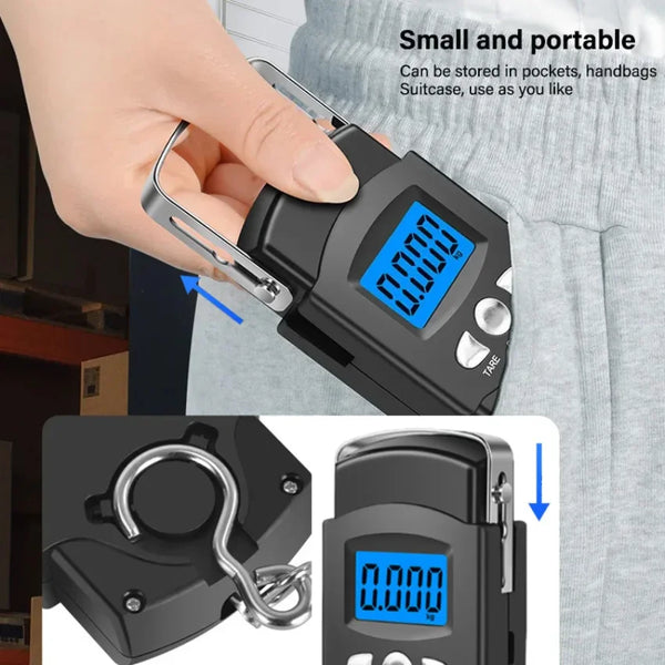 Eine Hand hält eine kleine schwarze tragbare digitale Hängewaage mit einem Maßband, die kompakte und portable Bauweise demons