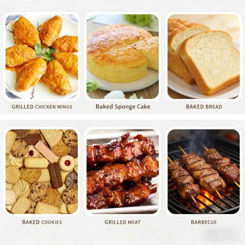 A collection of baked goods including grilled chicken wings, a baked sponge cake, baked bread, baked cookies, grilled meat, a