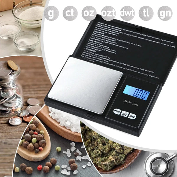 A black precision digital jewelry scale is shown next to various loose gemstones and crystals.
