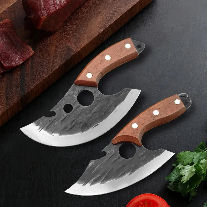 A forged stainless steel meat cleaver with a wooden handle and bottle opener resting on a dark surface.