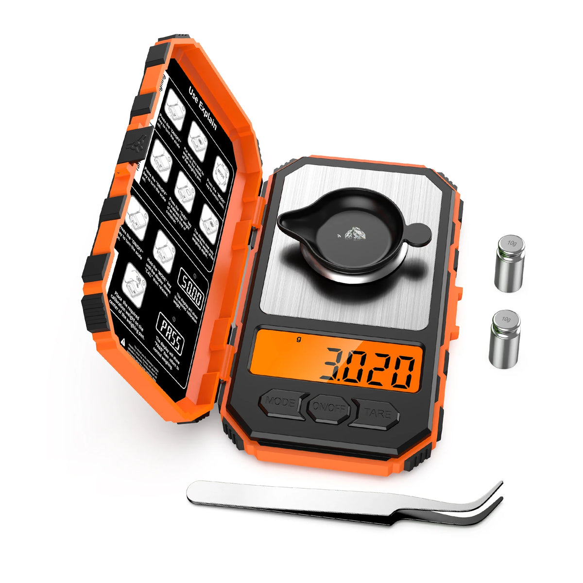 An orange and black digital scale with a built-in weighing pan and a knife accessory.