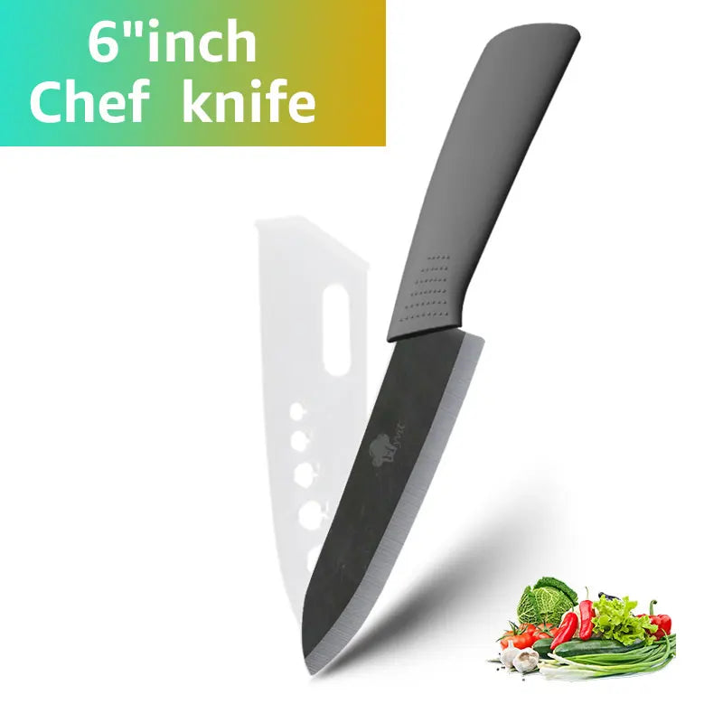A black ceramic chef knife is shown next to fresh vegetables like herbs and greens.