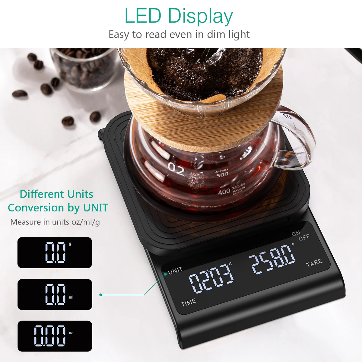 A precision digital coffee scale with a timer is shown measuring coffee grounds on a wooden surface.