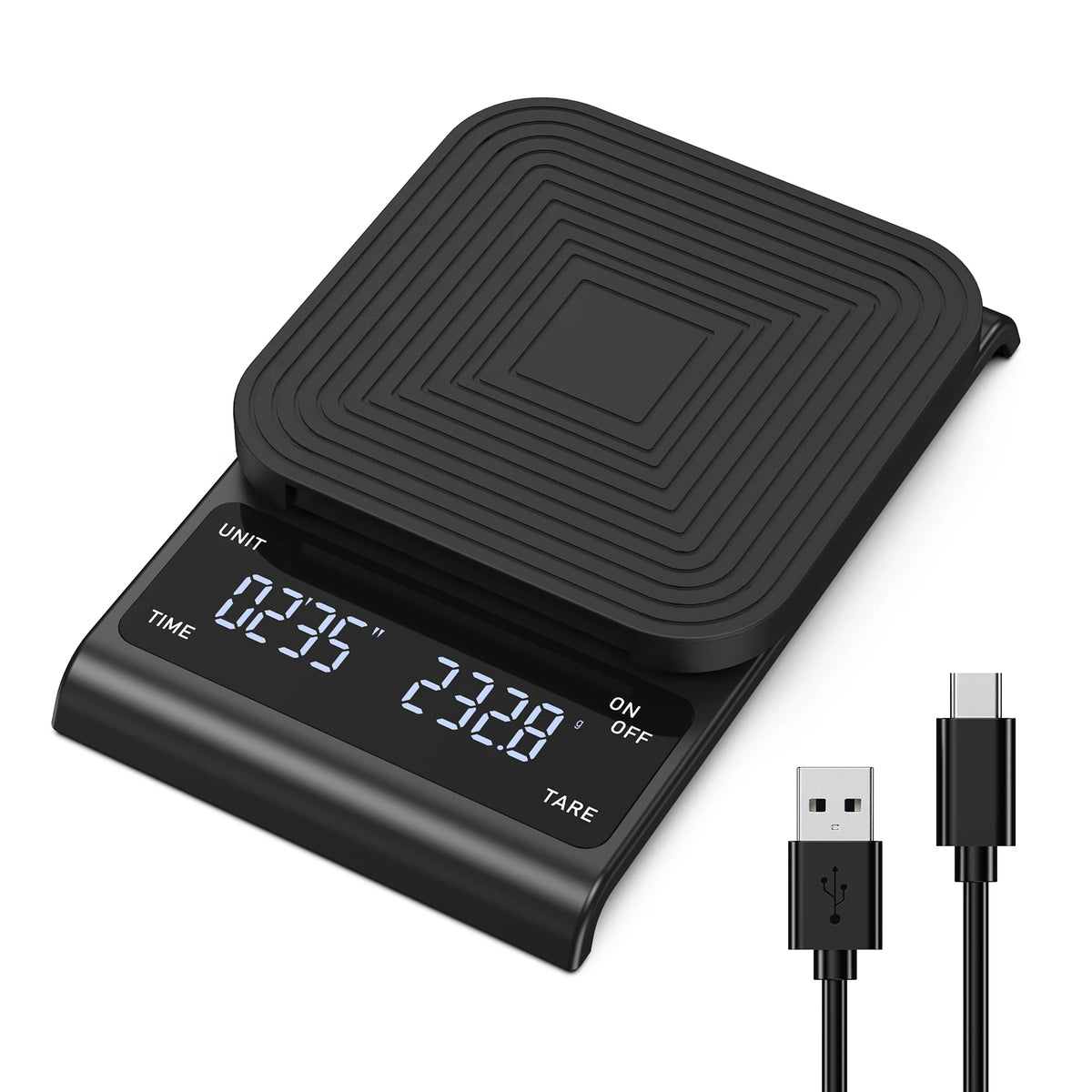 A black precision digital coffee scale with a timer and tare function, shown from above.
