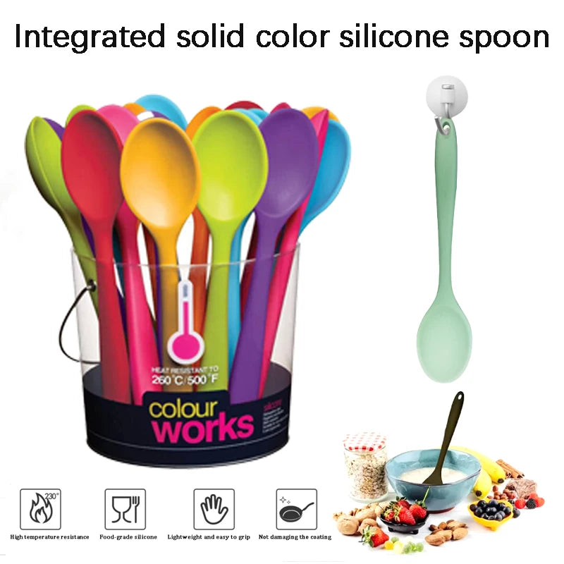 Integrated solid color silicone spoon set in a clear container with various colors and a hanging spoon.
