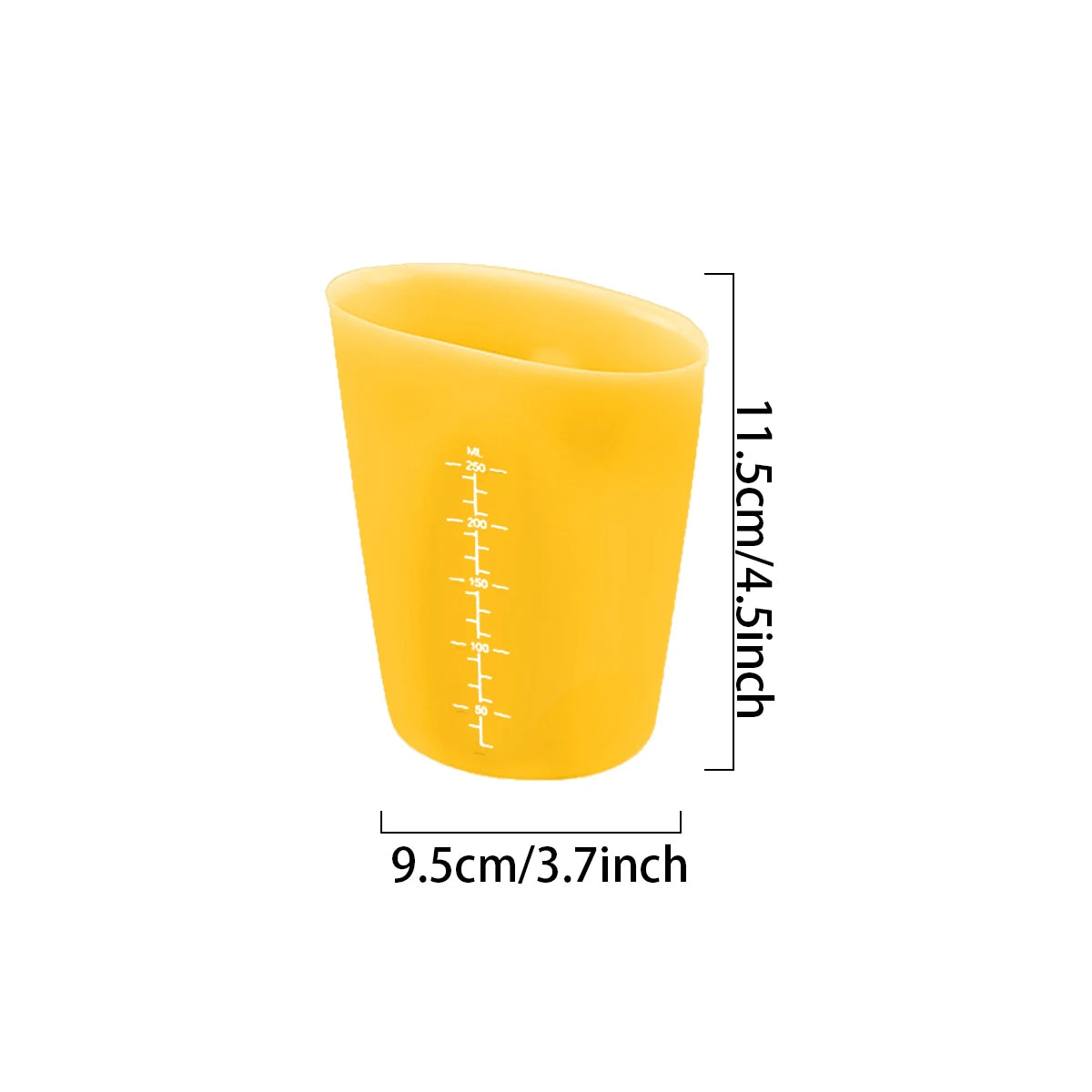 A yellow flexible silicone measuring cup with markings, shown from the side.