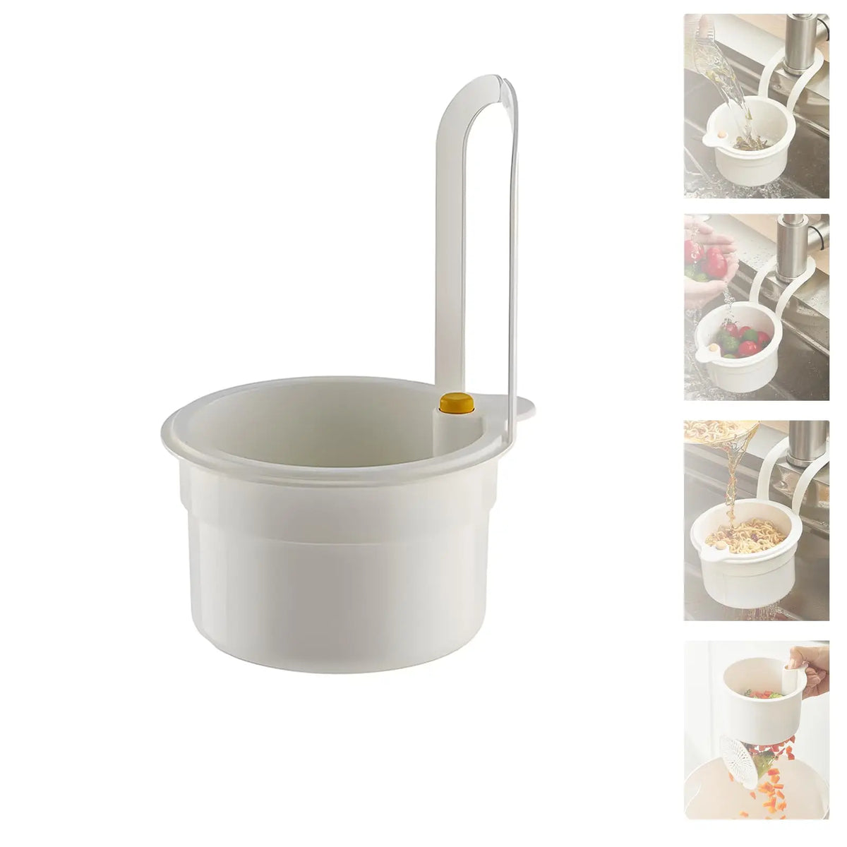 A white kitchen strainer basket with a hanging faucet for draining food.