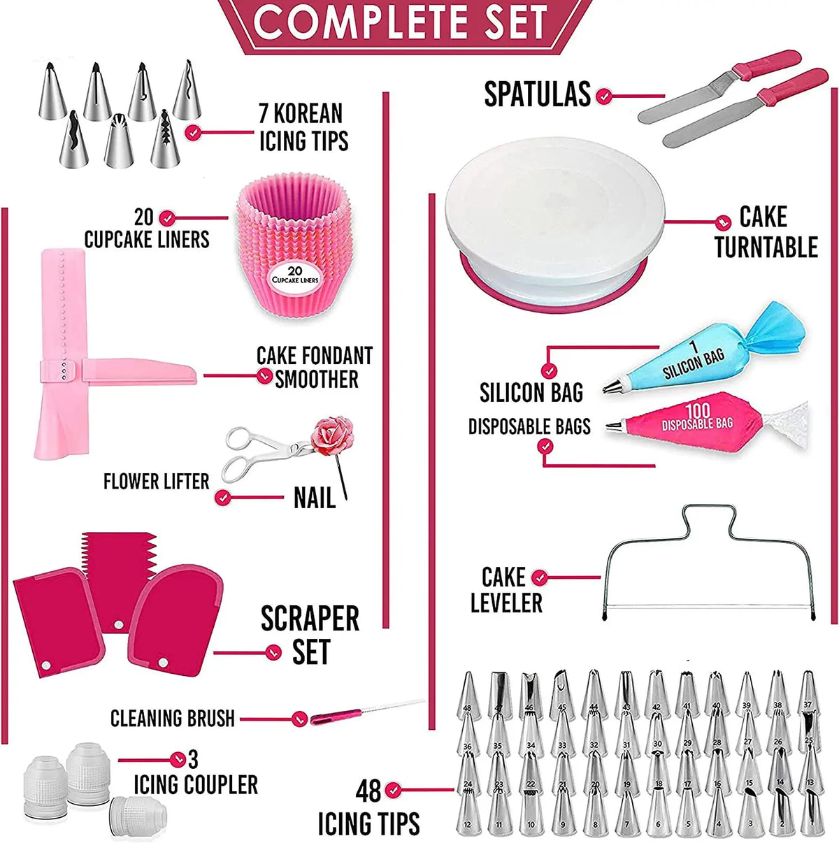 A complete set of cake decorating tools including spatulas, silicone bags, icing tips, and various baking accessories.