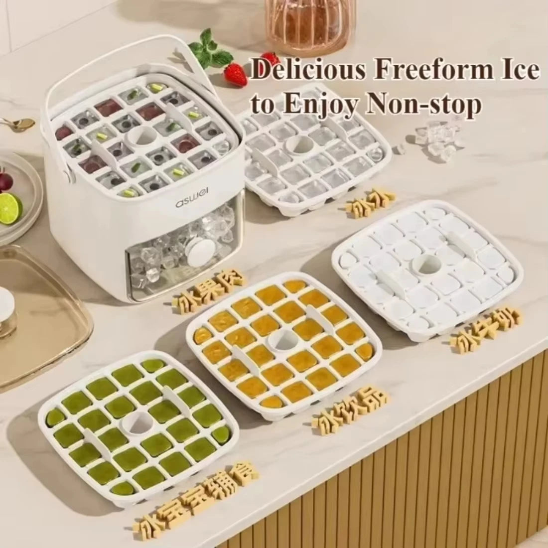 A white double-layer ice cube maker with various colored ice cubes and trays displayed on a marble surface.