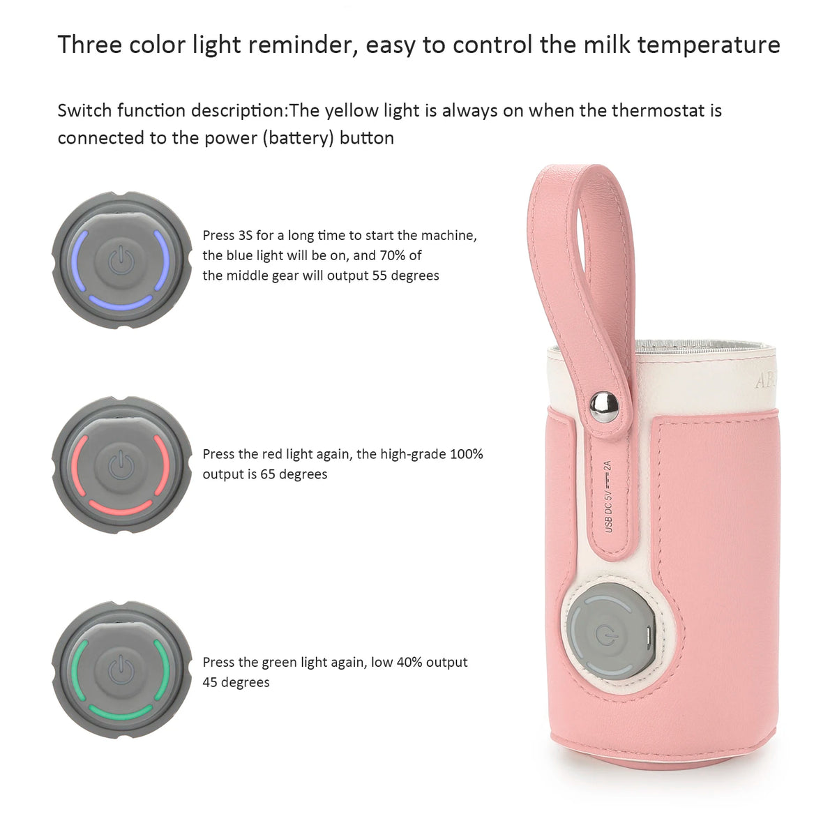 A pink baby bottle warmer device with three color light indicators showing different temperature settings.