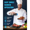 A man in a chef's coat demonstrates an easy single-handed operation of a gravity sensor electric salt and pepper mill.