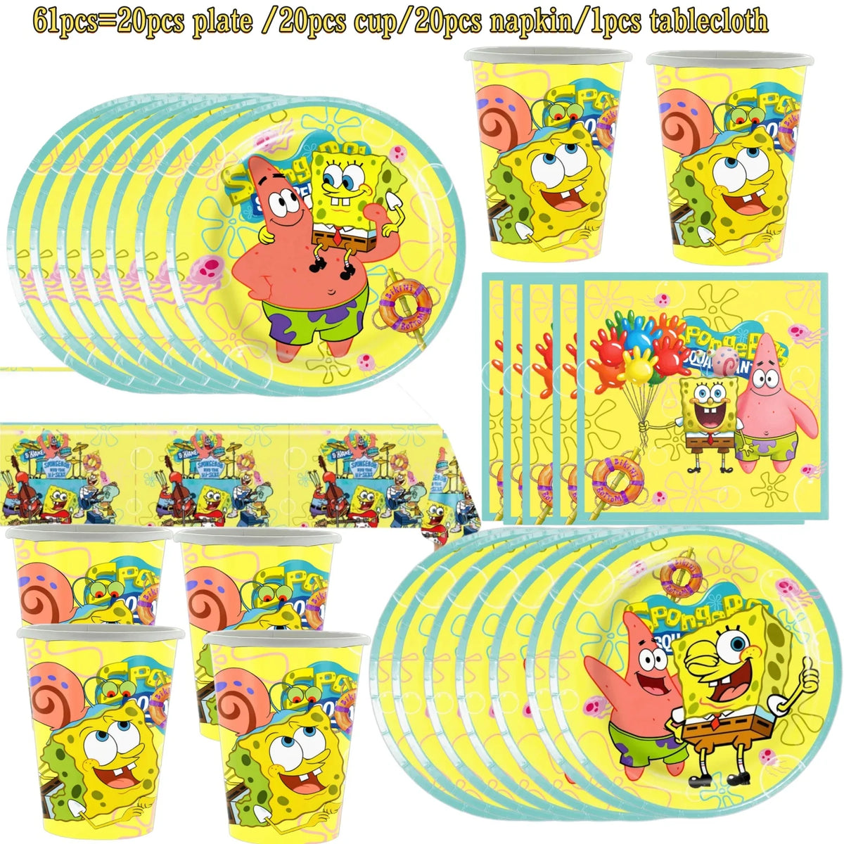 A set of yellow and green SpongeBob themed disposable party plates, cups, napkins, and tablecloths.