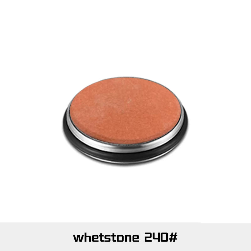 A round, reddish-orange sharpening roller with a silver base.