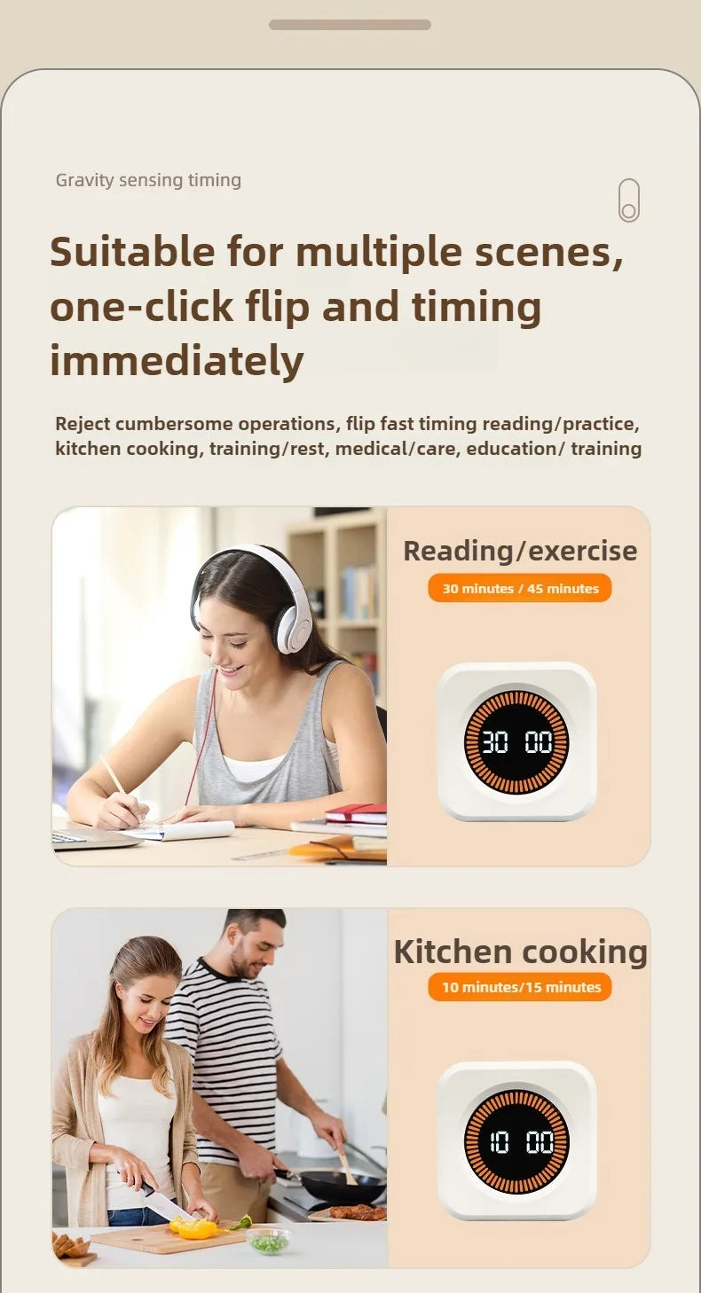 A productivity cube timer with a gravity sensor is shown in use for reading/exercise and kitchen cooking tasks.