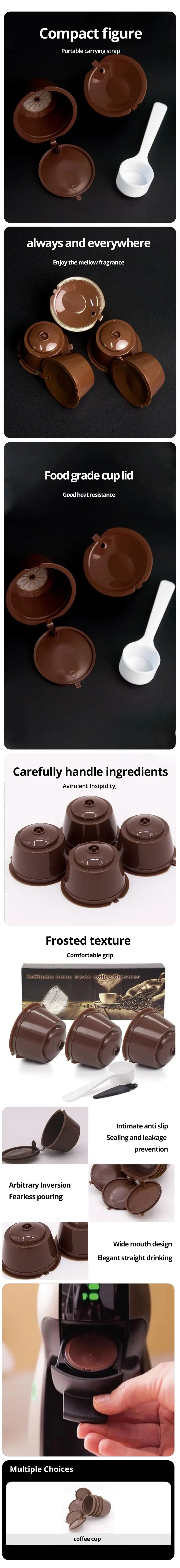 A set of reusable coffee cups and lids in brown ceramic for use with Dolce Gusto machines.