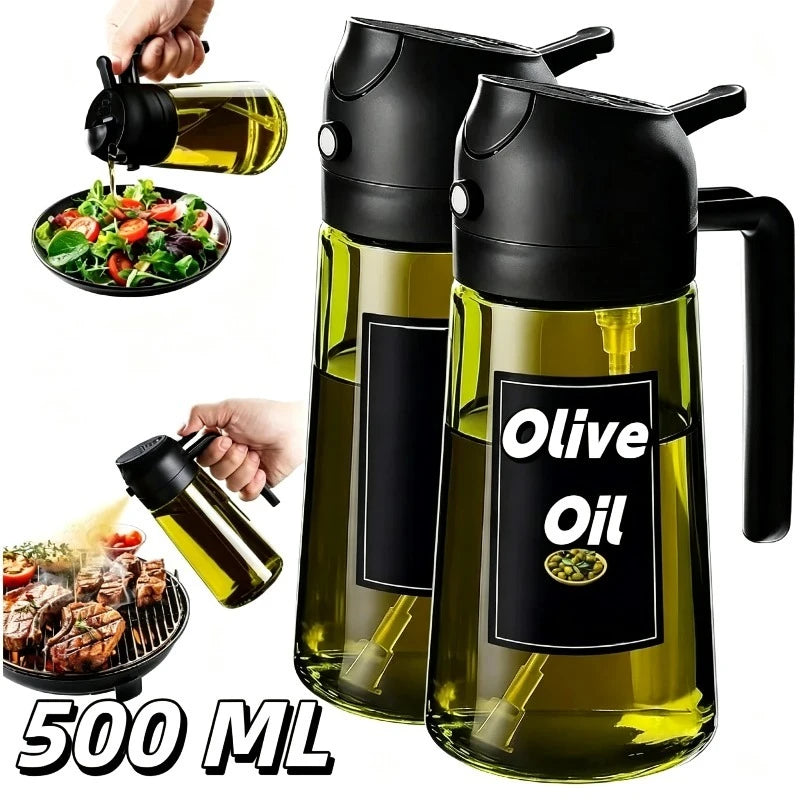 A black dual-function oil sprayer bottle filled with olive oil, shown next to a pour and a plate of food.