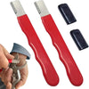 A hand holds a red and silver portable alloy steel knife sharpener with a blue cloth wrapped around the fingers.