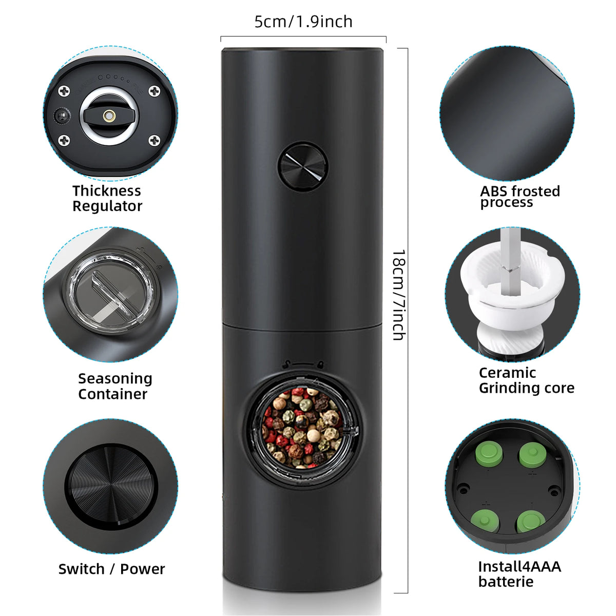 A black electric automatic salt and pepper grinder showing various components like the thickness regulator, seasoning contain