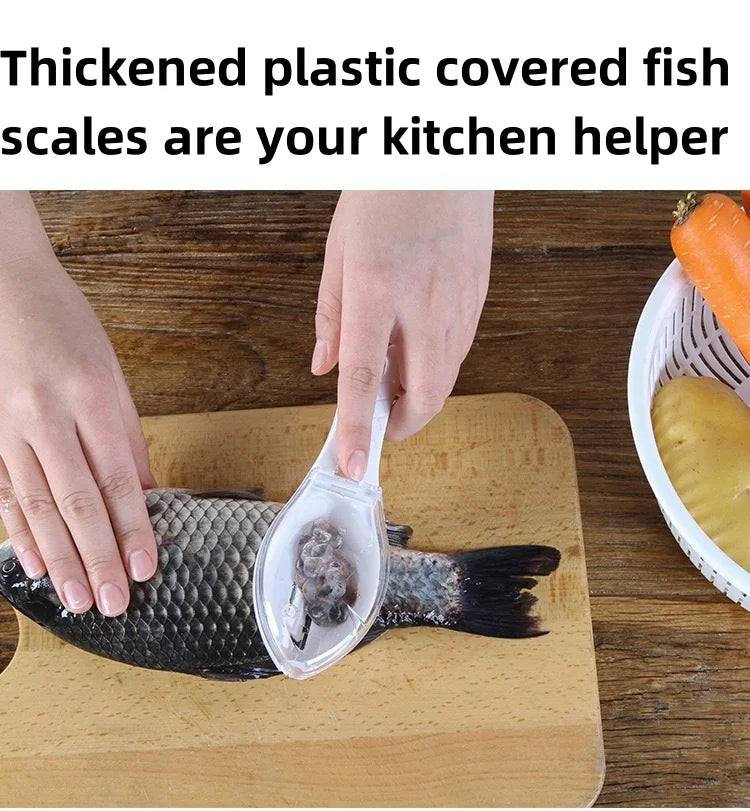 Hands are using a thickened plastic covered fish scale scraper and brush set to clean a fish on a wooden board.