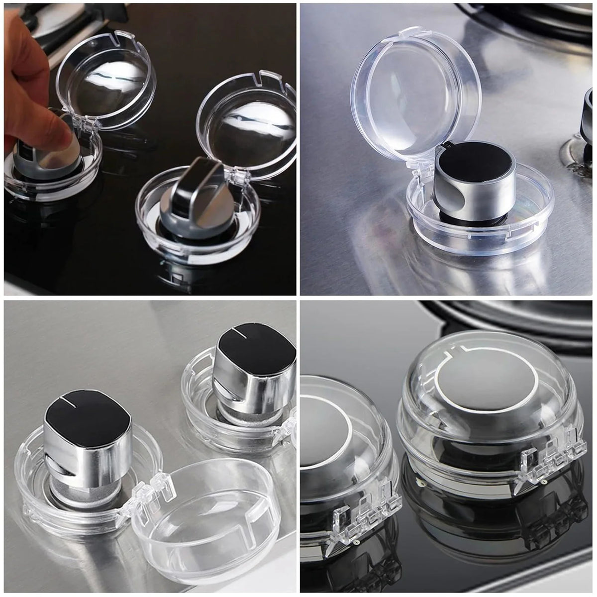 Clear plastic covers for stove knobs, showing various angles and installation methods.