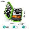 A green digital scale with a black platform and accessories, showing a readability of 0.001g and a maximum capacity of 50g.