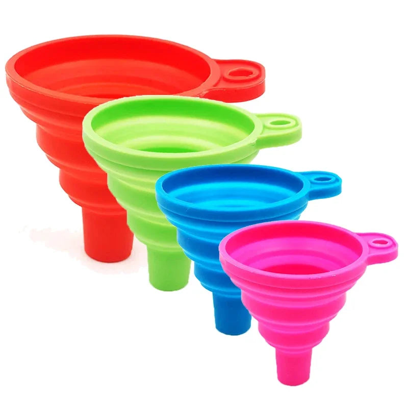 A set of colorful silicone collapsible funnels in red, green, and pink.