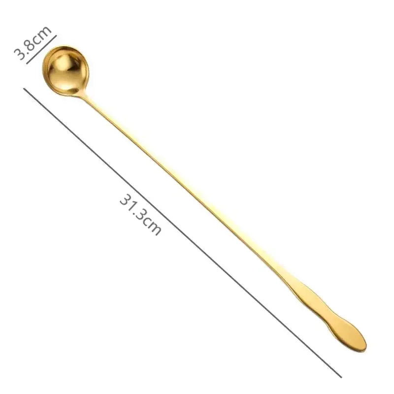 A golden stainless steel hot pot colander spoon with a 3.8cm bowl and a 31.3cm handle.