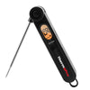 Black digital kitchen meat thermometer with a folding probe and light indicator