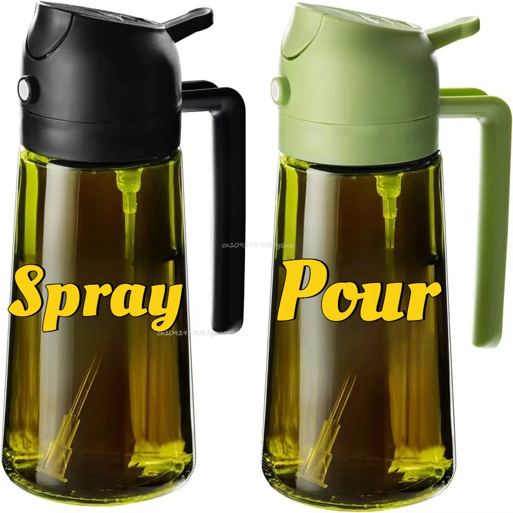 A pair of dual-function oil spray and pour bottles, one black and one light green, shown side by side.