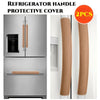 Two faux leather protective covers for refrigerator door handles, showing the product and installation.