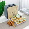 A light gray zippered pouch is shown next to a wooden tray holding a green ceramic tea set with cups and teapot.
