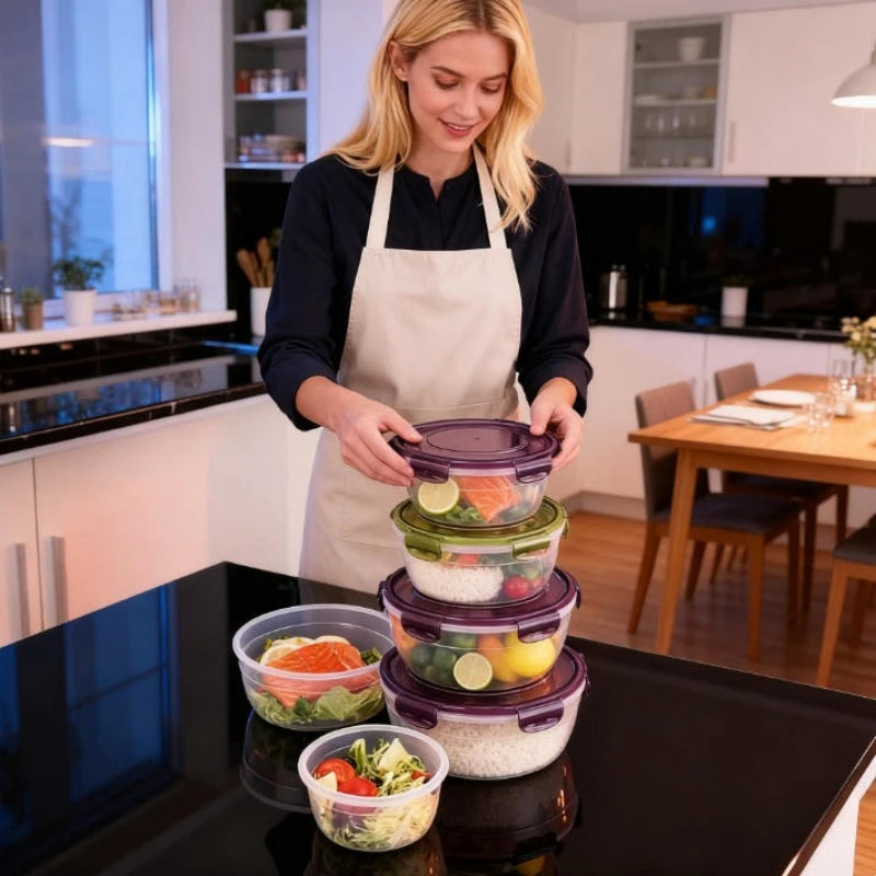 A woman in an apron is holding a stack of clear and purple airtight food storage containers on a black countertop.