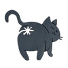 A dark gray silicone cat silhouette used as a kitchen gadget or bag clip.