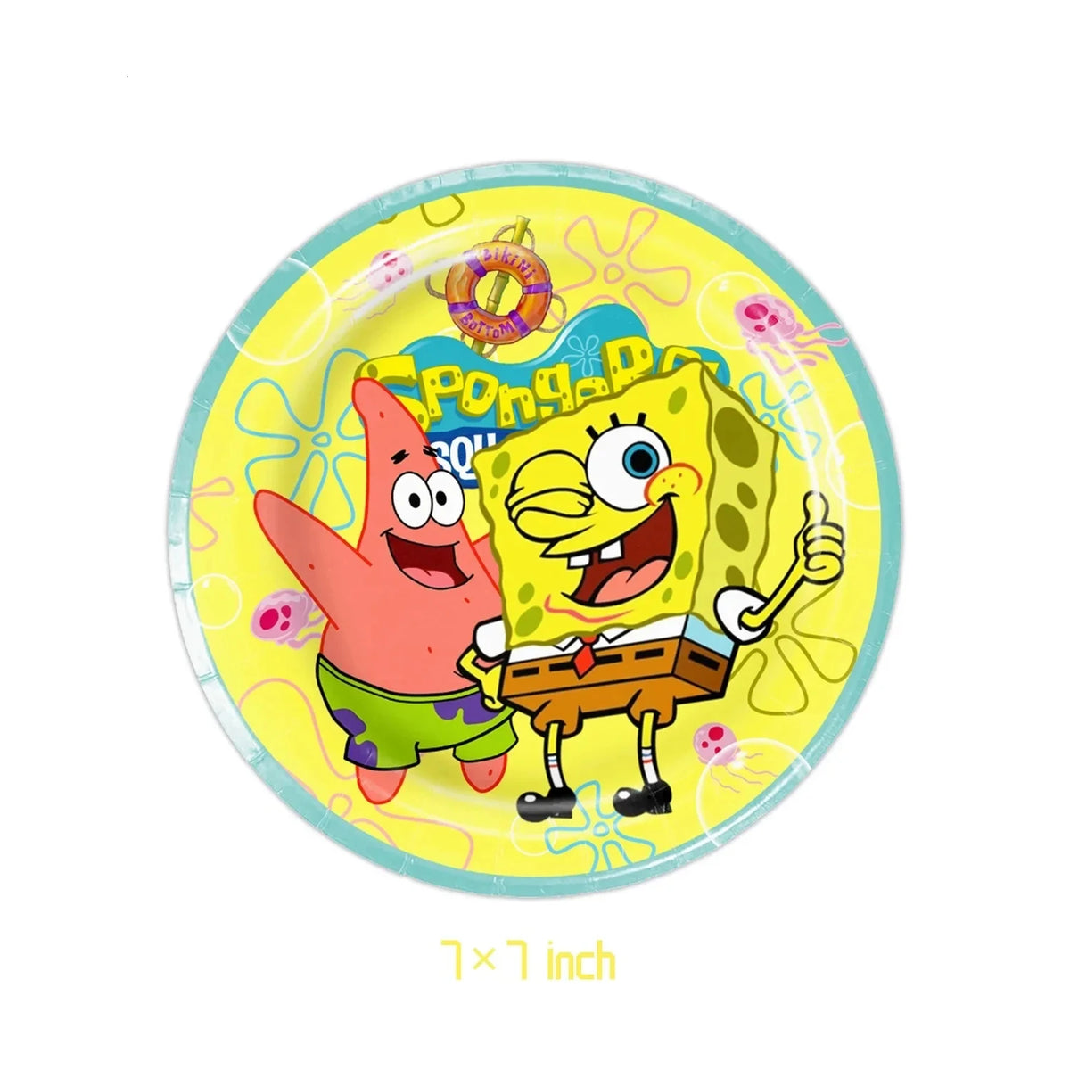 A yellow plate featuring cartoon characters SpongeBob and Patrick in a playful theme.