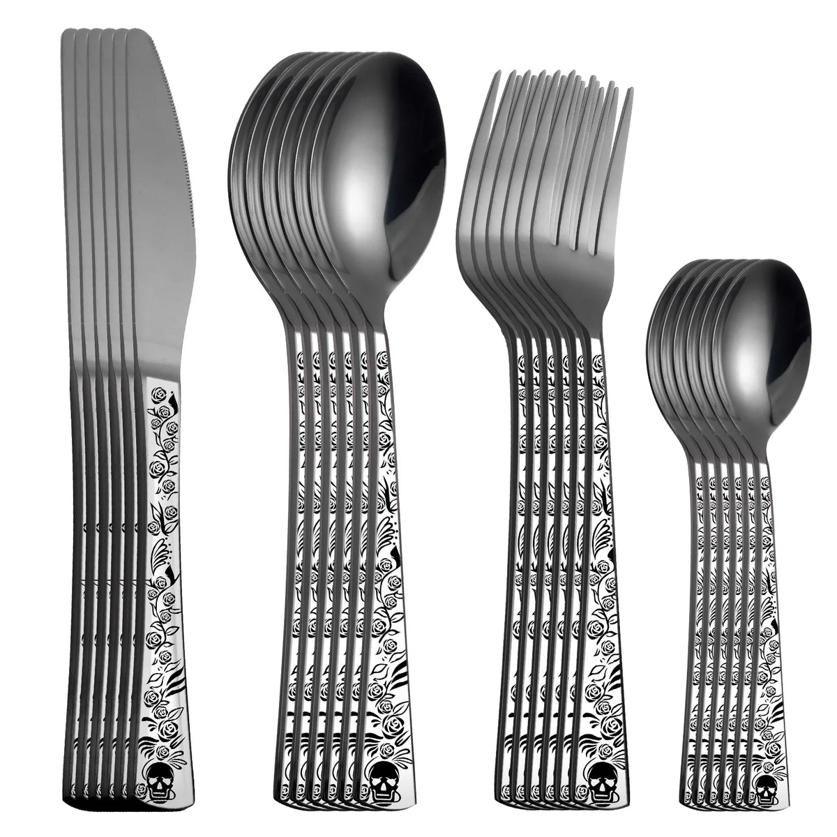 A set of stainless steel cutlery featuring a skull pattern design.