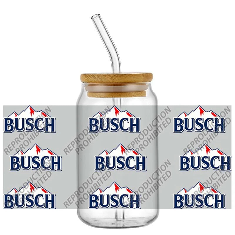A glass jar with a metal cap and a clear straw, featuring repeated Busch logos on the glass.