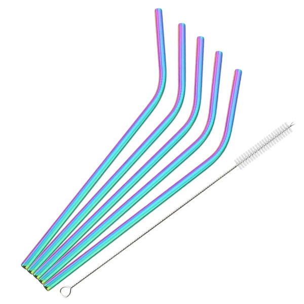 A set of six reusable stainless steel drinking straws in various shades of pink and blue, shown diagonally.