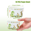 A hand holds a white paper bowl featuring a dinosaur pattern, with dimensions marked.
