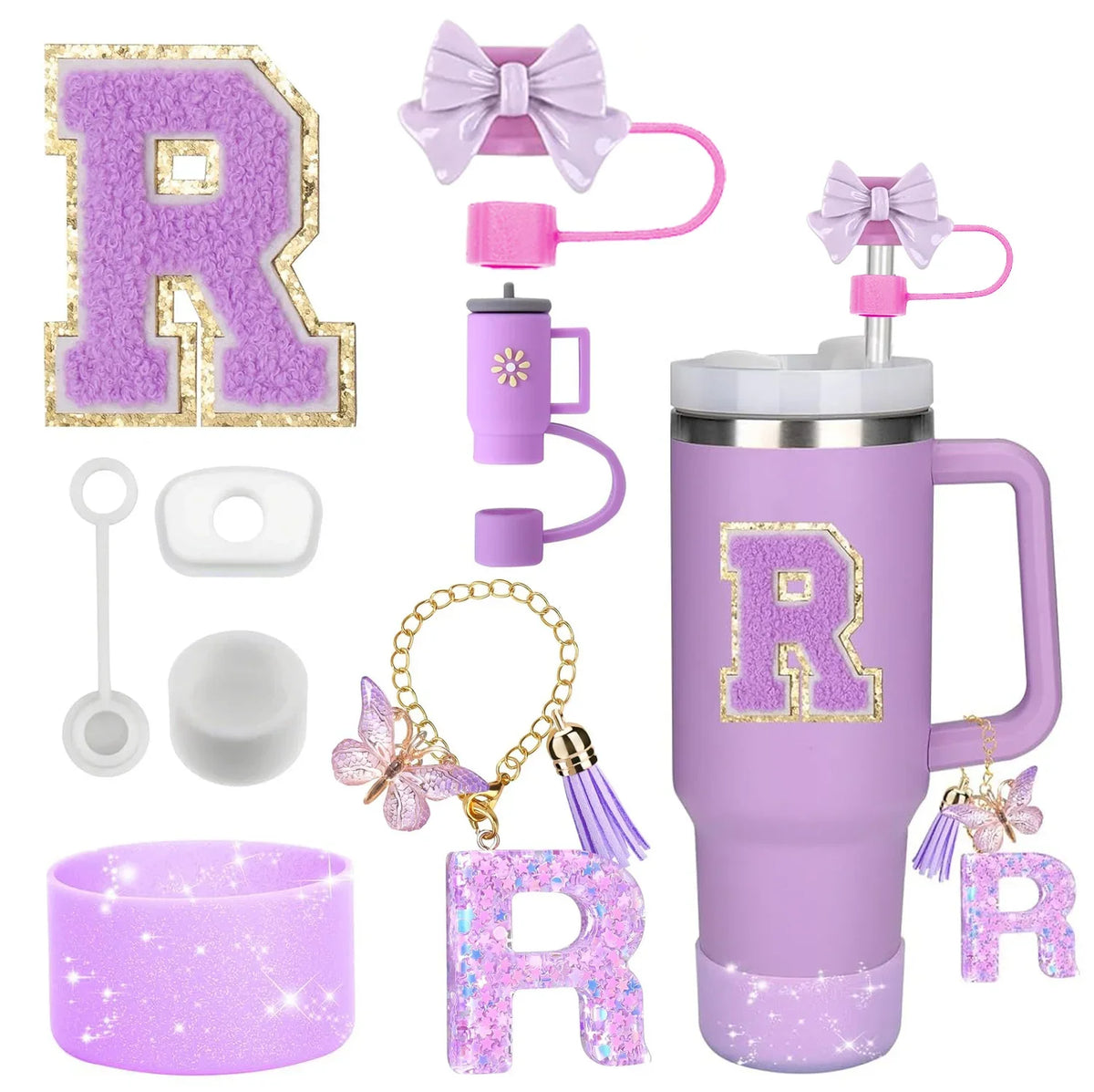 A set of purple glitter letter R silicone straw toppers and accessories for tumblers.