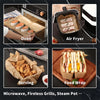 A collection of kitchen gadgets including an oven, air fryer, serving paper, food wrap, and microwave.