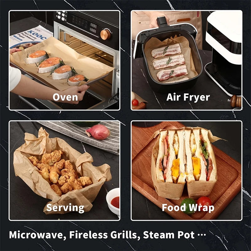 A collection of kitchen gadgets including an oven, air fryer, serving paper, food wrap, and microwave.