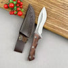 A fixed blade knife with a silver blade and dark brown leather sheath rests on a wooden surface next to red berries.