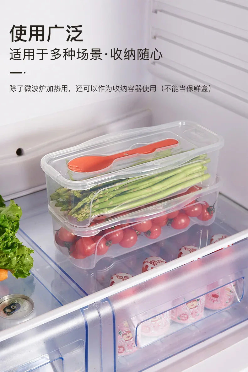 A clear plastic storage container holds fresh herbs and vegetables for use with a microwave noodle and salad cooker set.