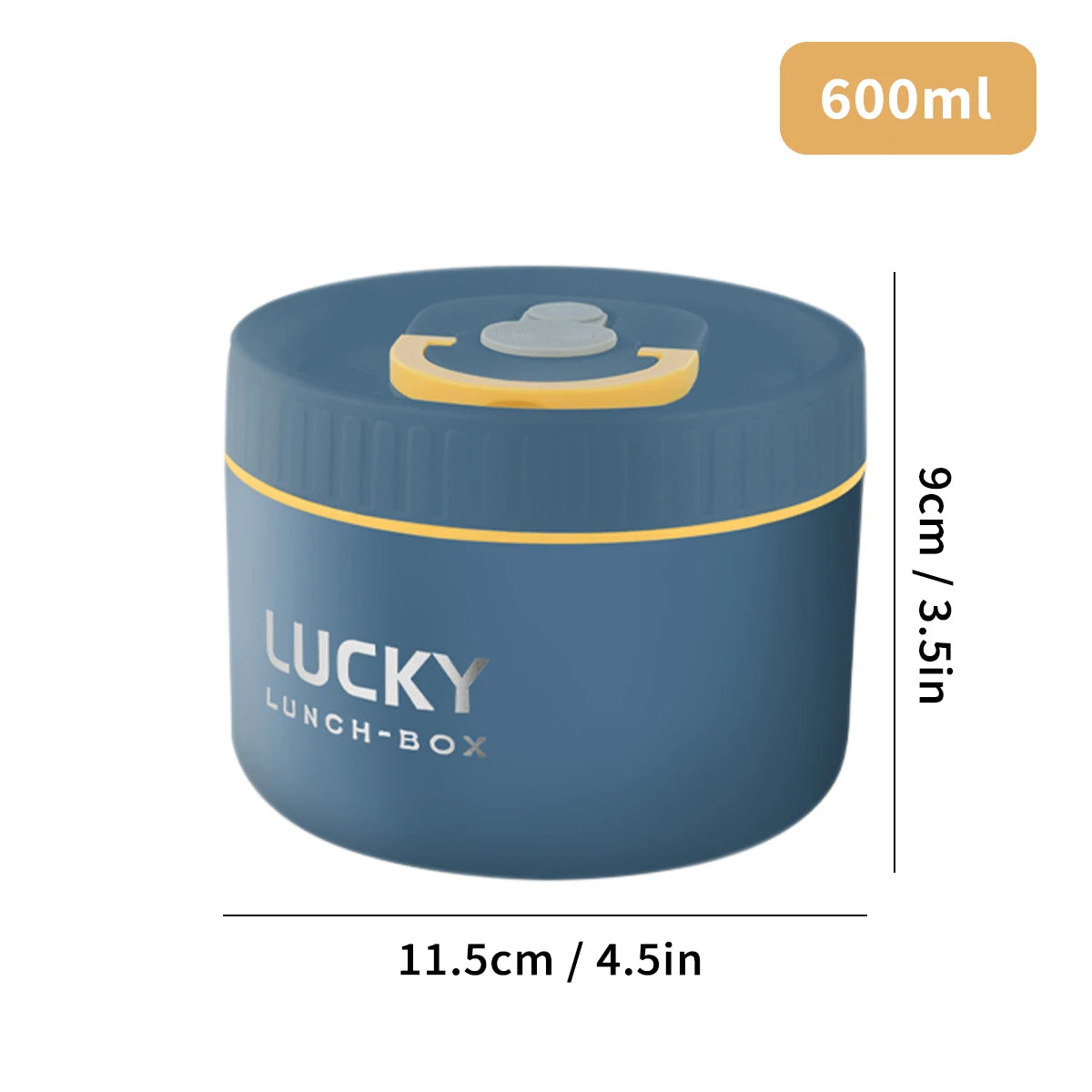 A blue thermal lunch box with a lid, measuring 9cm high and 11.5cm wide, with a 600ml capacity.