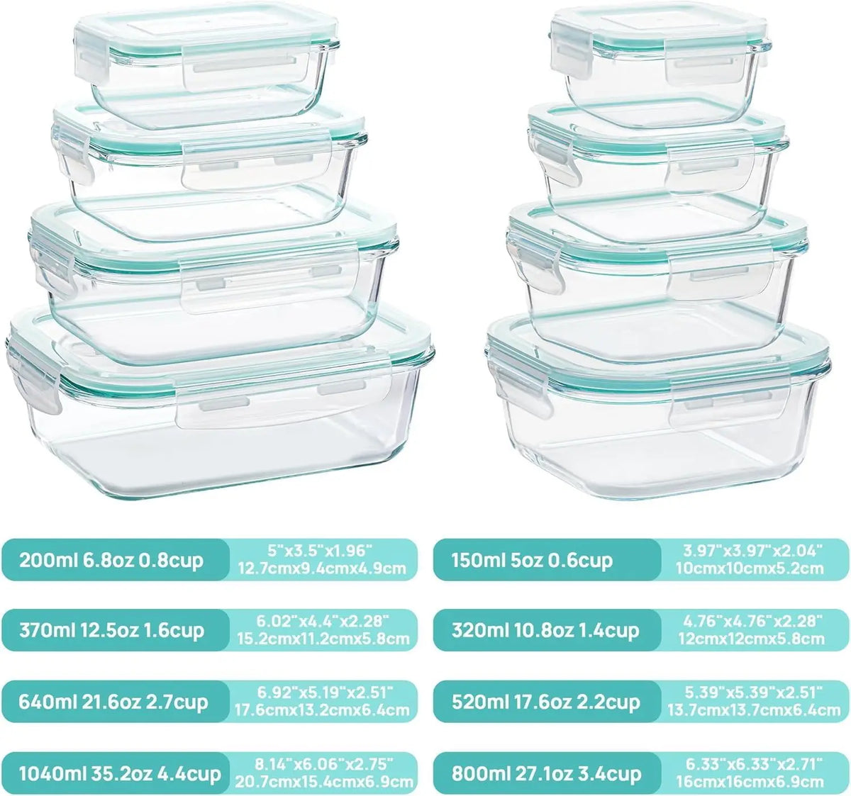 A collection of clear glass airtight meal prep containers in various sizes and capacities.