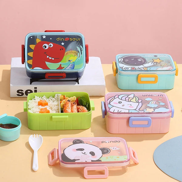 A collection of colorful kids bento lunch boxes and a pink silicone food container are displayed on a light background.