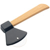 A dark gray axe-shaped pizza cutter with a light wood handle.